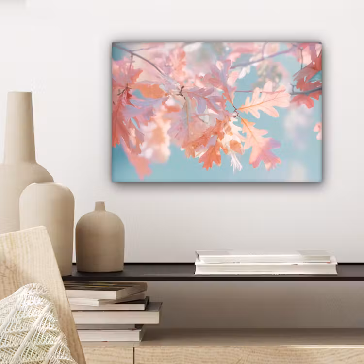 Canvas schilderij - Eikenbladeren - Takken - Roze — 5