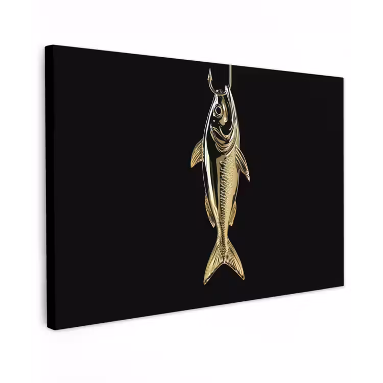 Canvas schilderij - Goud - Vis - Haak - Zwart — 1