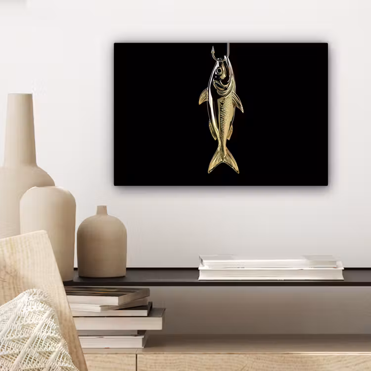 Canvas schilderij - Goud - Vis - Haak - Zwart — 5