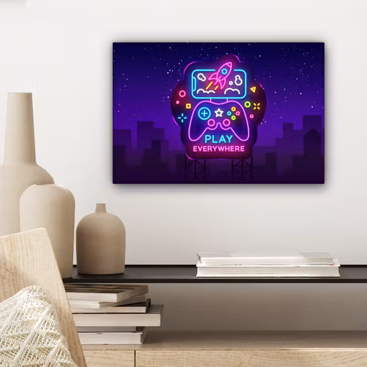 Canvas schilderij - Gaming - Neon - Play - Blauw - Nacht - Controller — 5