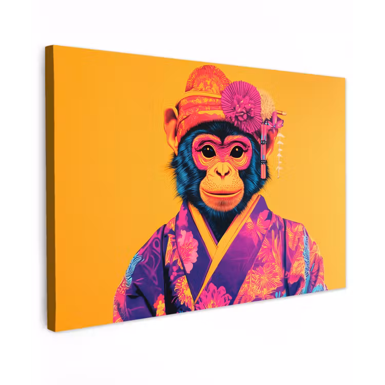 Canvas schilderij - Aap - Kimono - Bloemen - Hoofdtooi — 1