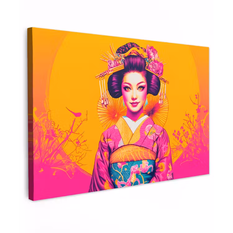 Canvas schilderij - Bloemen - Vrouw - Kimono - Roze — 1