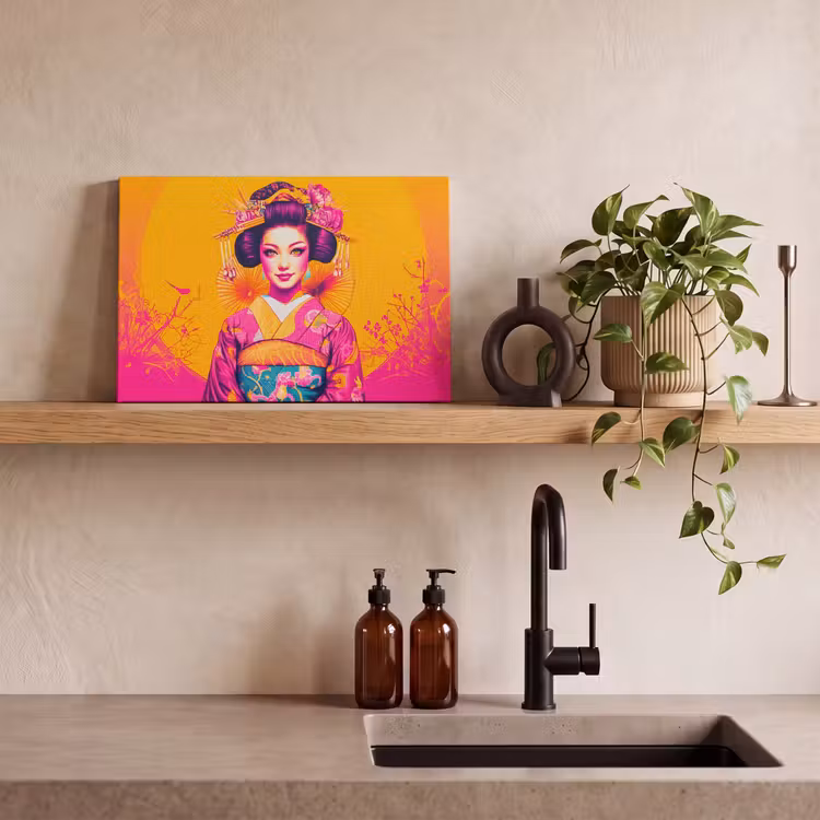 Canvas schilderij - Bloemen - Vrouw - Kimono - Roze — 3
