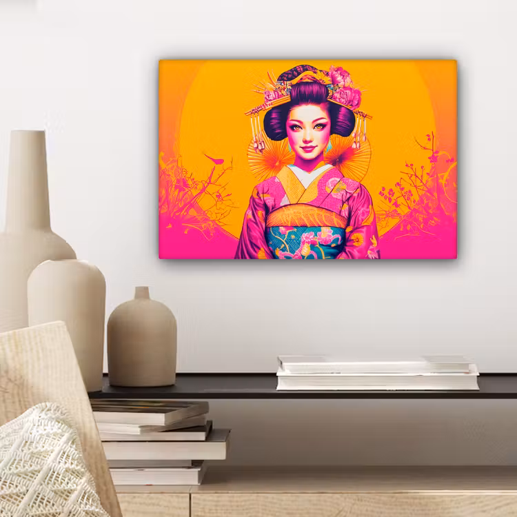 Canvas schilderij - Bloemen - Vrouw - Kimono - Roze — 5