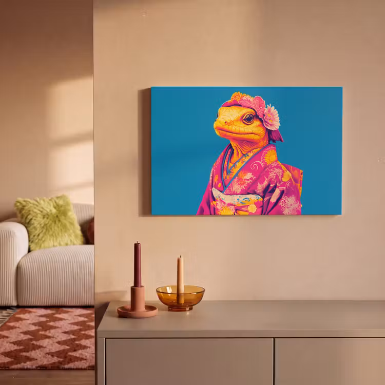Canvas schilderij - Bloemenkrans - Hagedis - Kimono - Paars — 2
