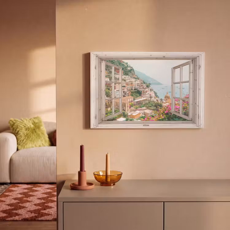 Canvas schilderij - Doorkijk - Italië - Bloemen - Zee - Kust - Stad - Bergen — 2