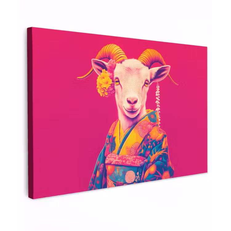 Canvas schilderij - Geit - Hoorns - Kimono - Kleurrijk — 1