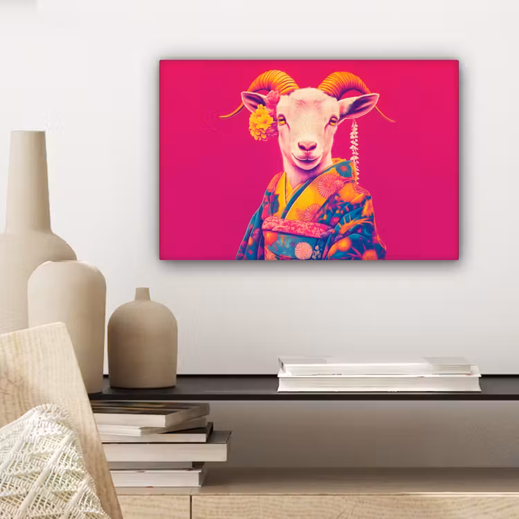 Canvas schilderij - Geit - Hoorns - Kimono - Kleurrijk — 5