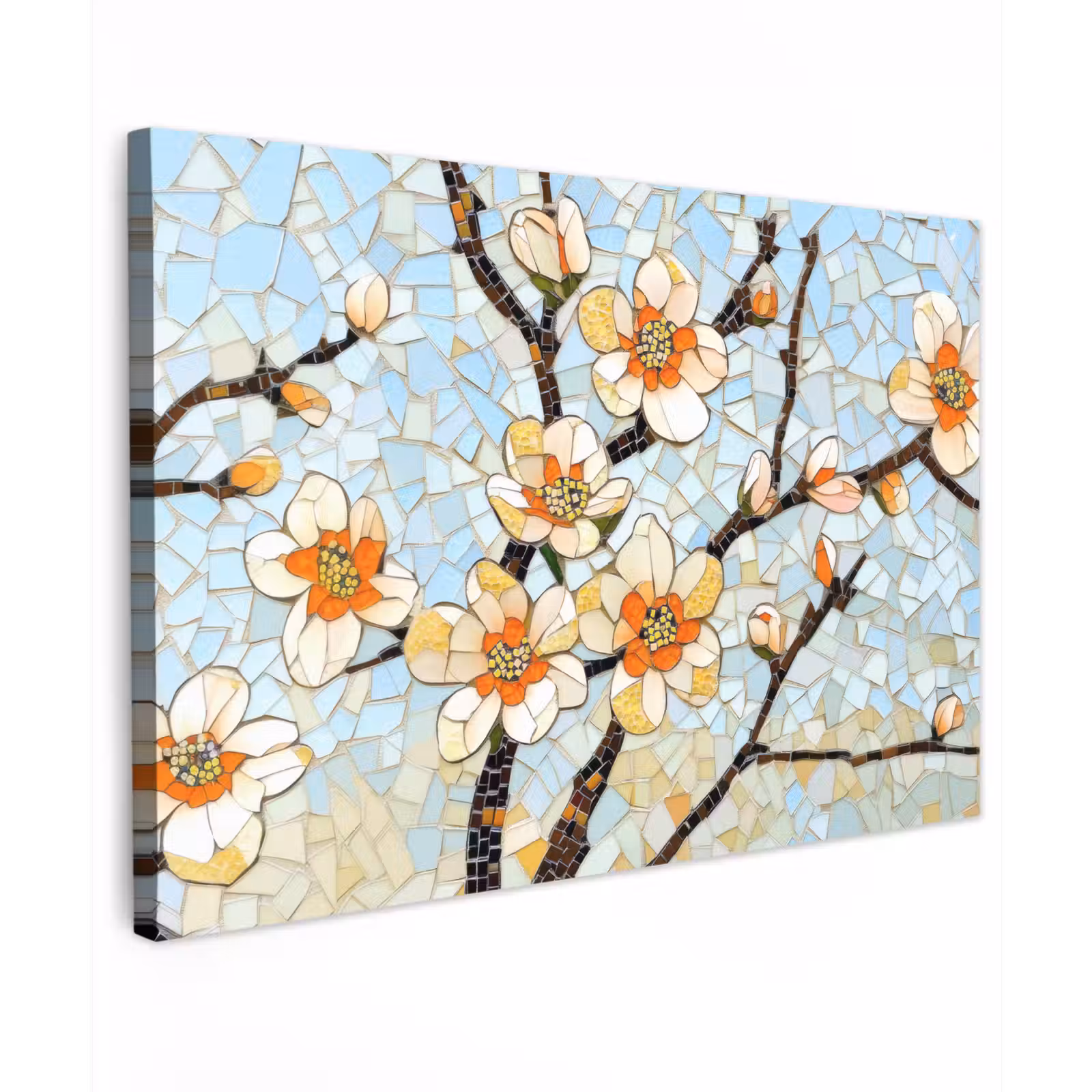 Canvas schilderij - Bloesems - Wit - Mozaïek - Tak — 1