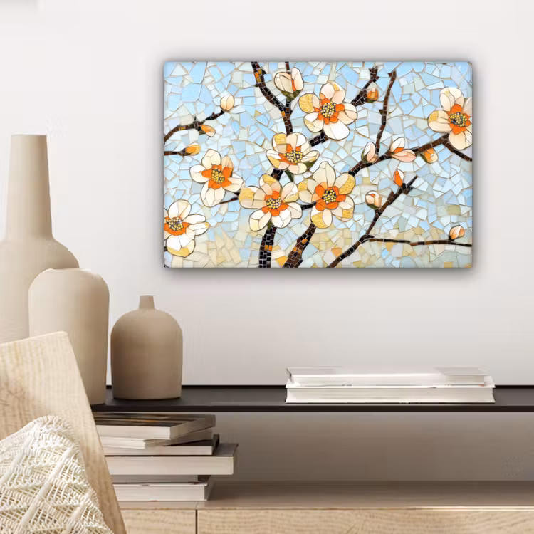 Canvas schilderij - Bloesems - Wit - Mozaïek - Tak — 5