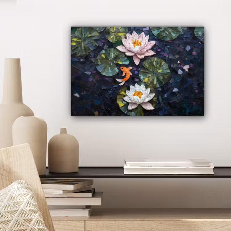 Canvas schilderij - Glasstukjes - Leliebladeren - Vis - Oranje — 5