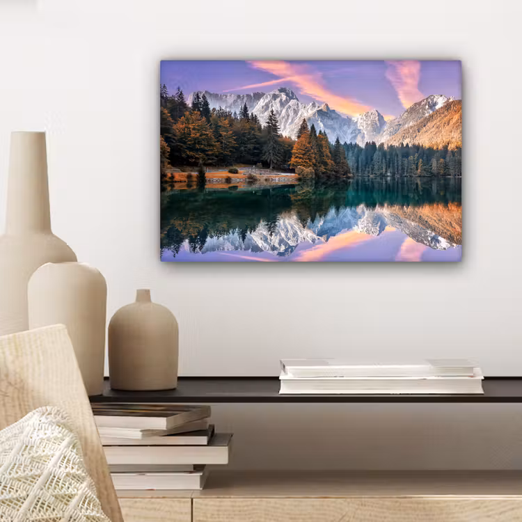 Canvas schilderij - Bergen - Bos - Water - Lucht - Roze - Paars — 5