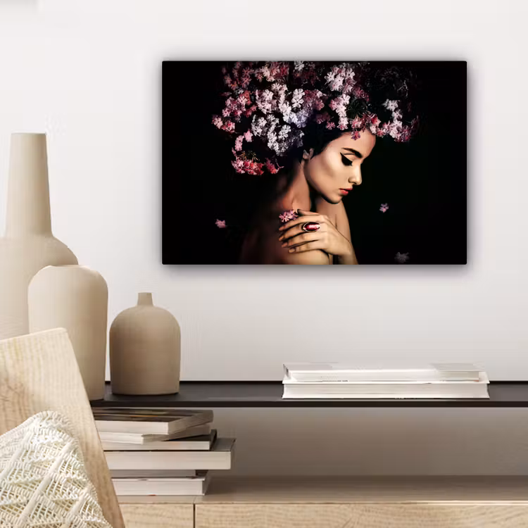 Canvas schilderij - Bloesem - Vrouw - Roze - Bloemen - Luxe — 5