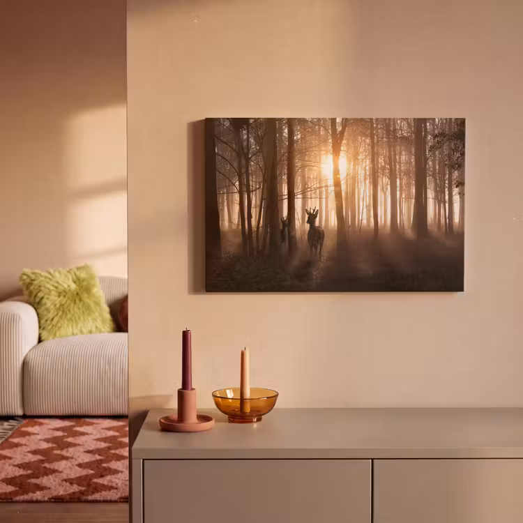 Canvas schilderij - Bos - Hert - Zon - Bomen - Winter - Natuur - Dieren — 2