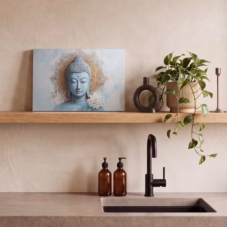 Canvas schilderij - Boeddha - Beeld - Blauw - Bruin - Bloem — 3