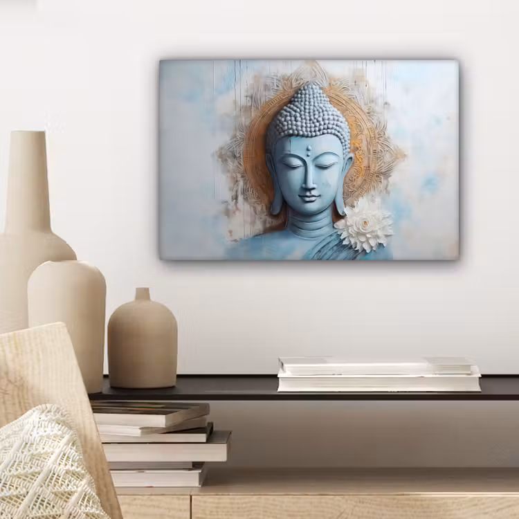 Canvas schilderij - Boeddha - Beeld - Blauw - Bruin - Bloem — 5