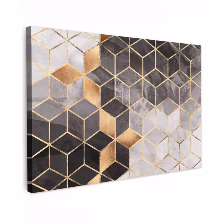 Canvas schilderij - Abstract - Kubus - Goud - Patronen - Zwart - Wit — 1