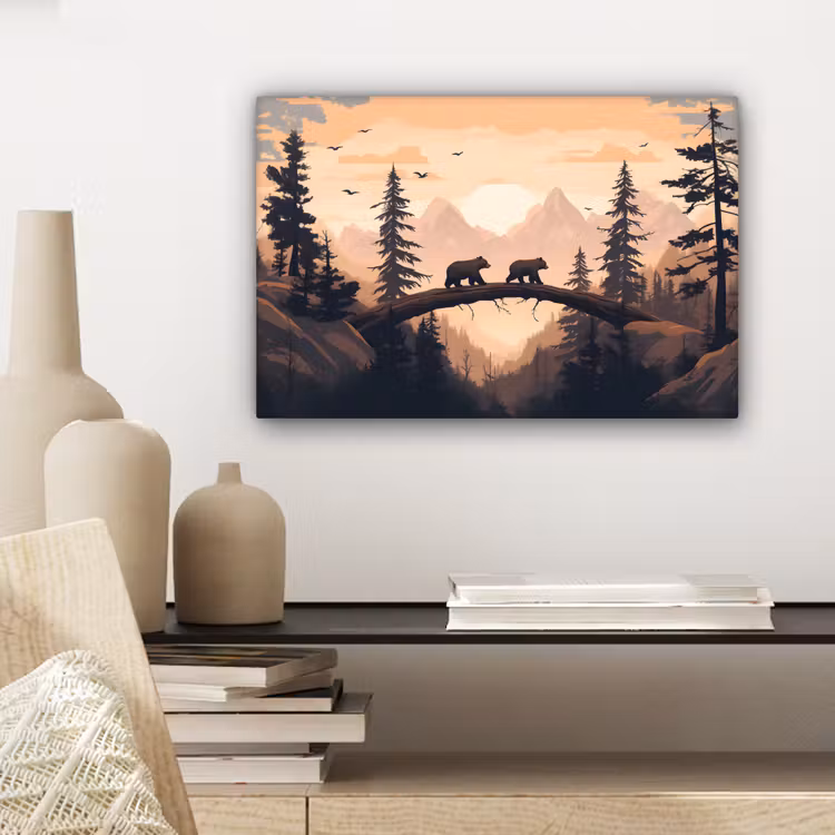 Canvas schilderij - Beren - Bomen - Landschap - Zonsondergang — 5