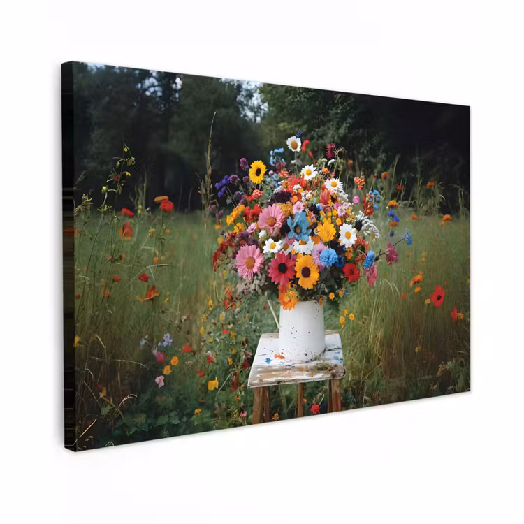 Canvas schilderij - Bloemen - Krukje - Gieter - Veld — 1