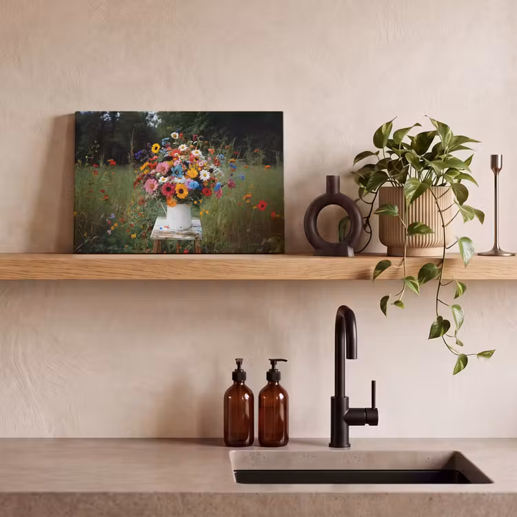 Canvas schilderij - Bloemen - Krukje - Gieter - Veld — 3