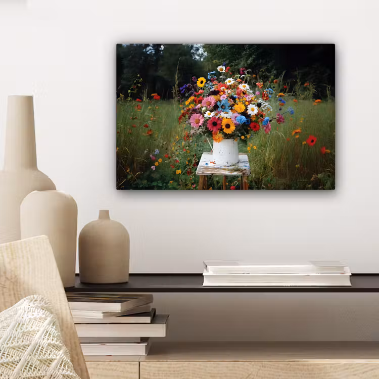 Canvas schilderij - Bloemen - Krukje - Gieter - Veld — 5