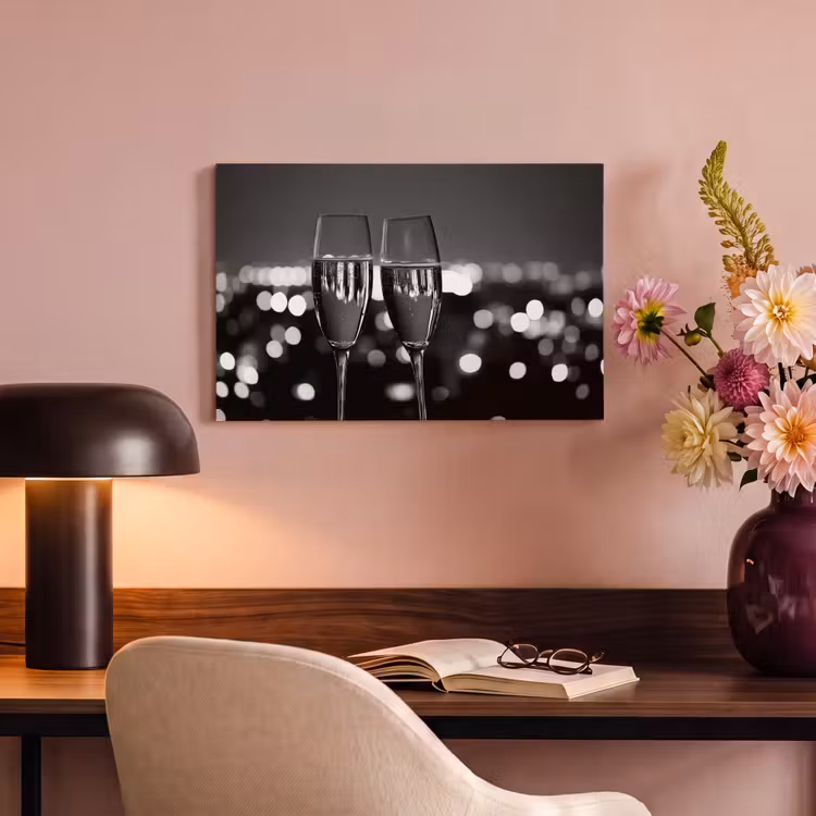 Canvas schilderij - Bubbels - Proosten - Champagneglazen - Stadslichten — 4