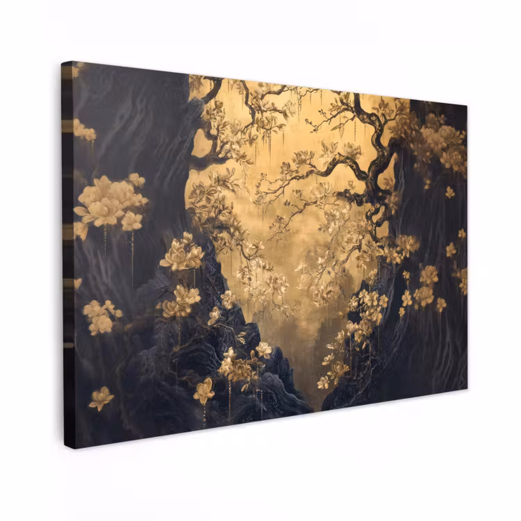 Canvas schilderij - Bloemen - Takken - Goud - Sierlijk — 1