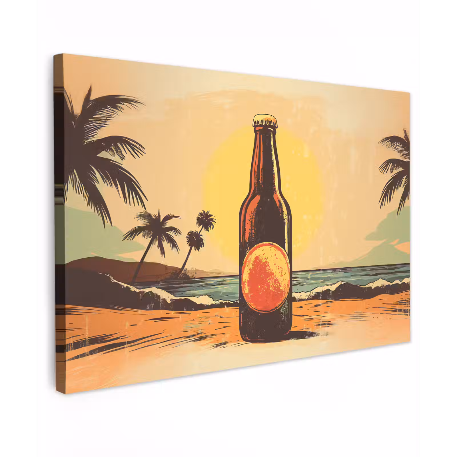 Canvas schilderij - Bierfles - Zonsondergang - Palmbomen - Zee — 1