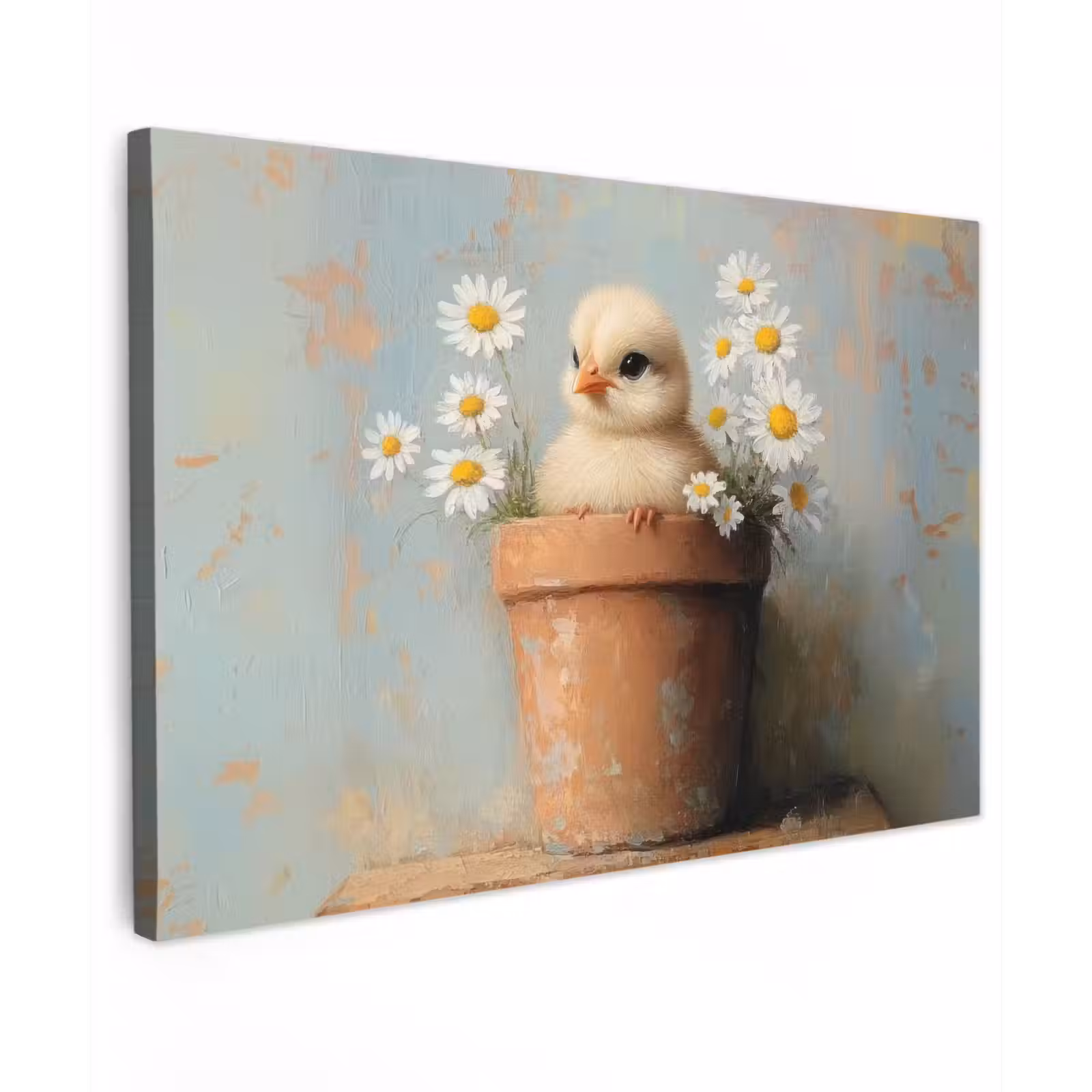 Canvas schilderij - Bloempot - Kuiken - Bloemetjes — 1