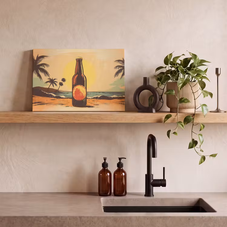 Canvas schilderij - Bierfles - Zonsondergang - Palmbomen - Zee — 3