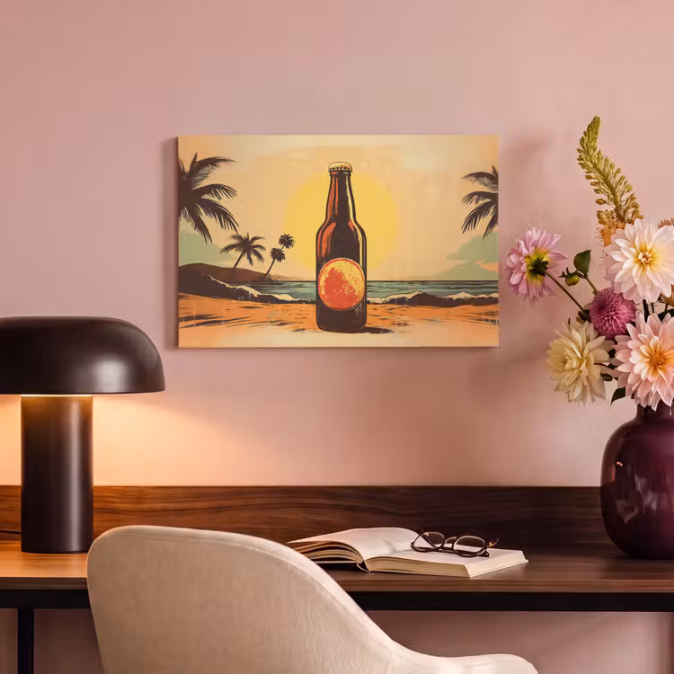 Canvas schilderij - Bierfles - Zonsondergang - Palmbomen - Zee — 4