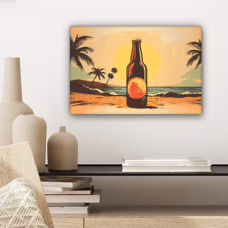 Canvas schilderij - Bierfles - Zonsondergang - Palmbomen - Zee — 5