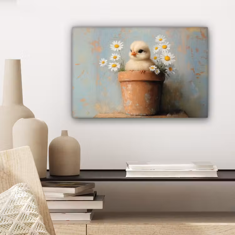 Canvas schilderij - Bloempot - Kuiken - Bloemetjes — 5