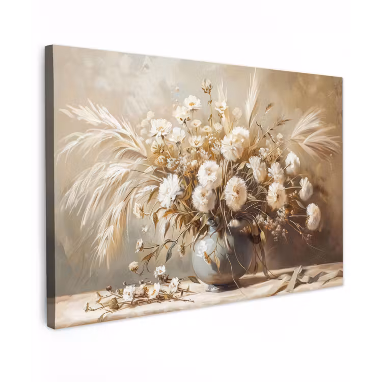 Canvas schilderij - Bloemen - Vaas - Stilleven - Beige — 1