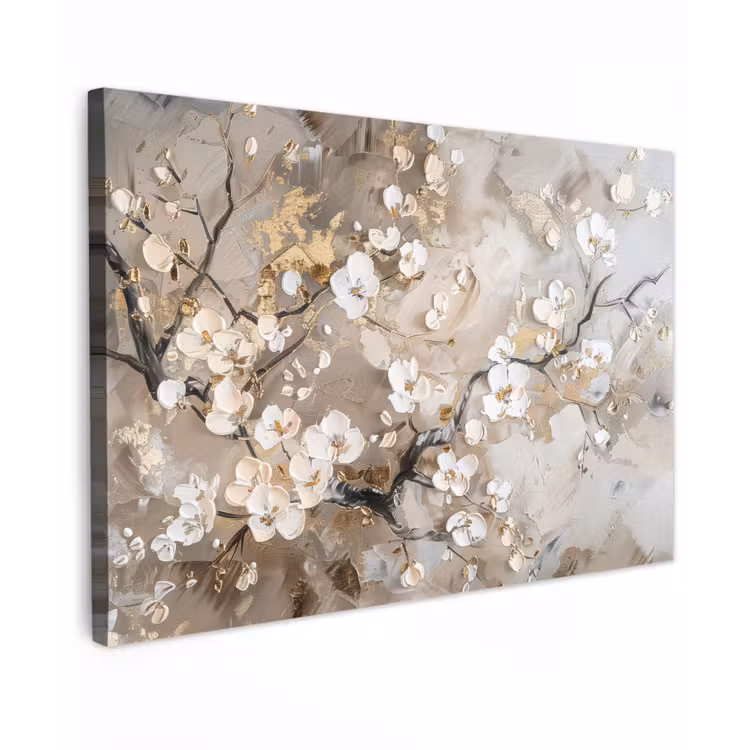 Canvas schilderij - Bloemen - Wit - Goud - Beige - Luxe — 1