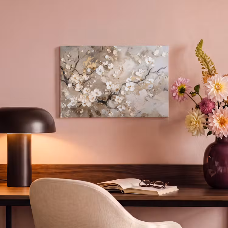 Canvas schilderij - Bloemen - Wit - Goud - Beige - Luxe — 4