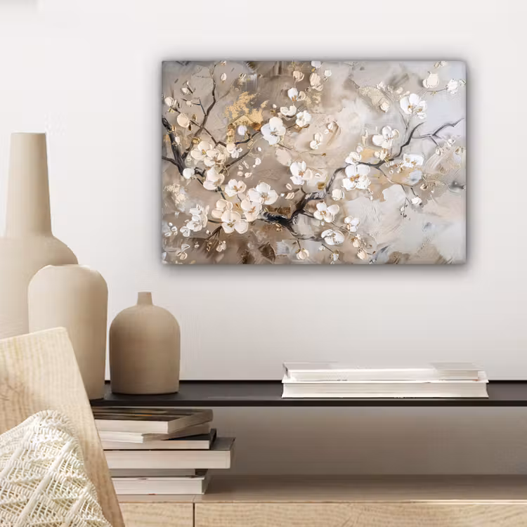 Canvas schilderij - Bloemen - Wit - Goud - Beige - Luxe — 5