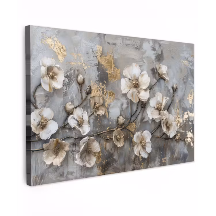 Canvas schilderij - Bloemen - Wit - Grijs - Goud - Luxe — 1