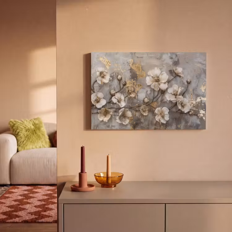 Canvas schilderij - Bloemen - Wit - Grijs - Goud - Luxe — 2