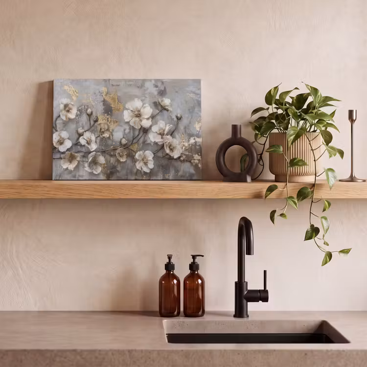 Canvas schilderij - Bloemen - Wit - Grijs - Goud - Luxe — 3
