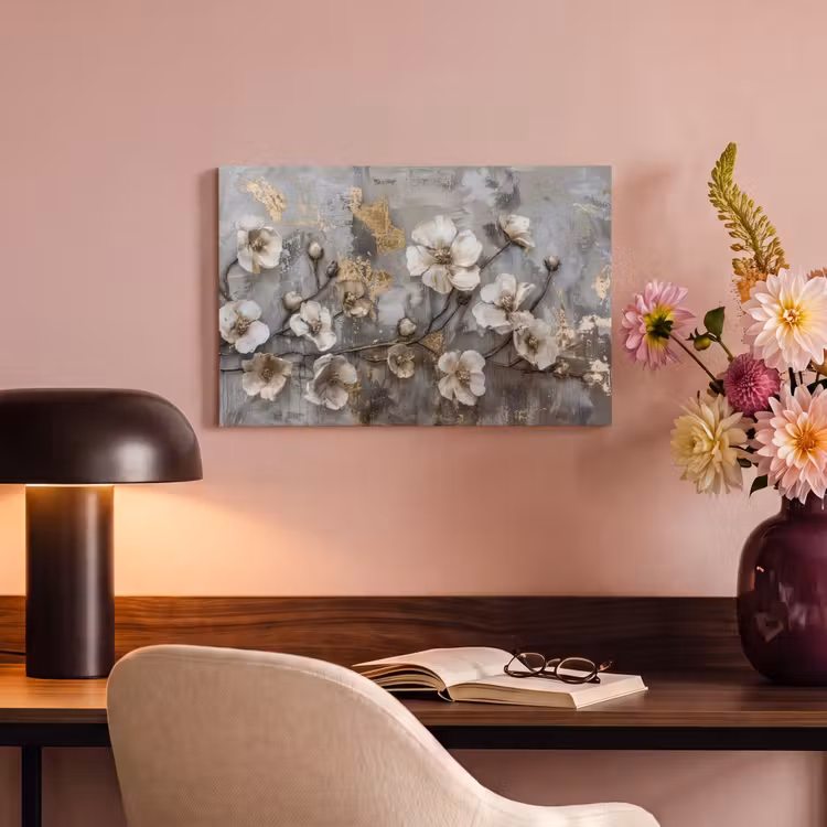 Canvas schilderij - Bloemen - Wit - Grijs - Goud - Luxe — 4