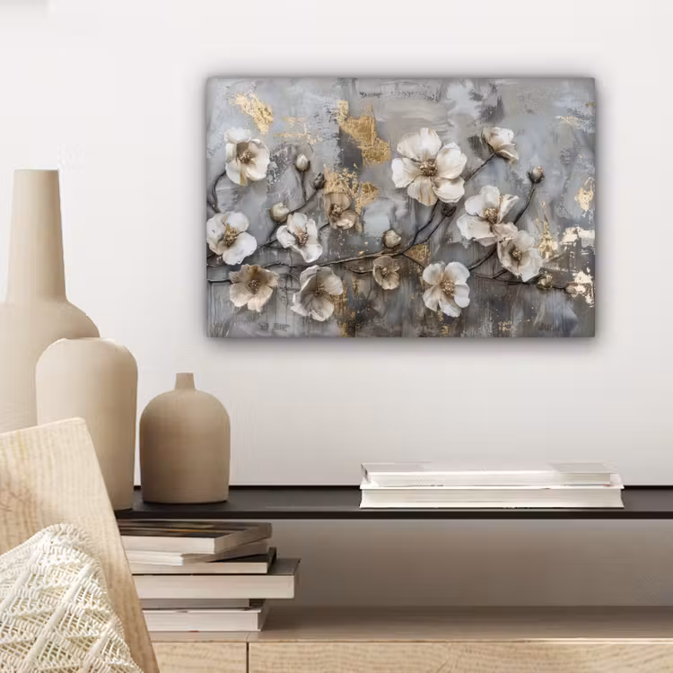Canvas schilderij - Bloemen - Wit - Grijs - Goud - Luxe — 5