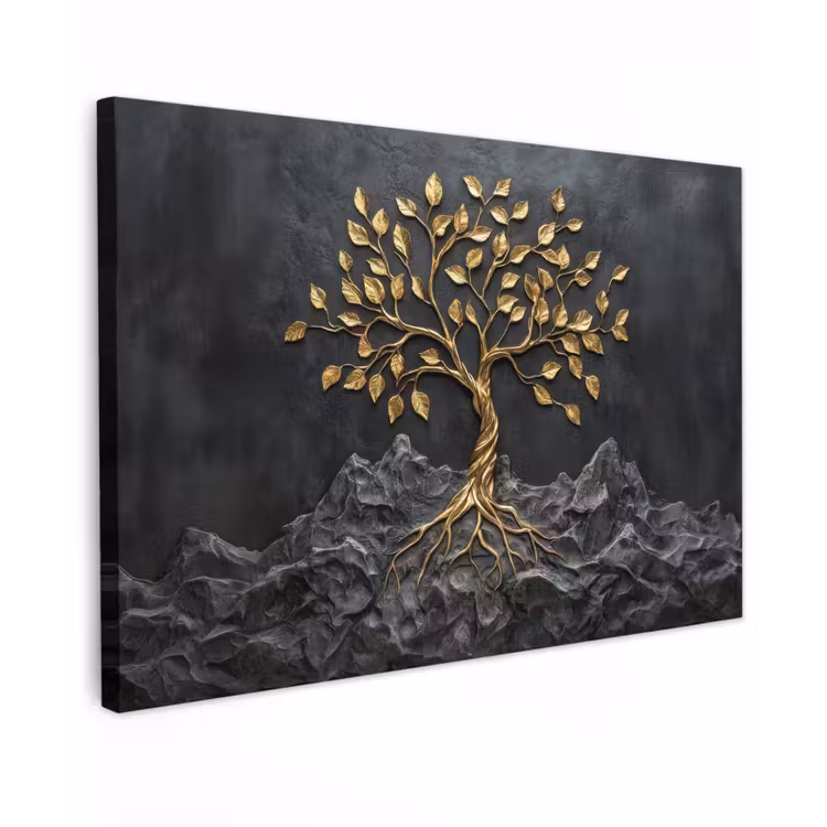 Canvas schilderij - Bladeren - Goud - Boom - Rots — 1