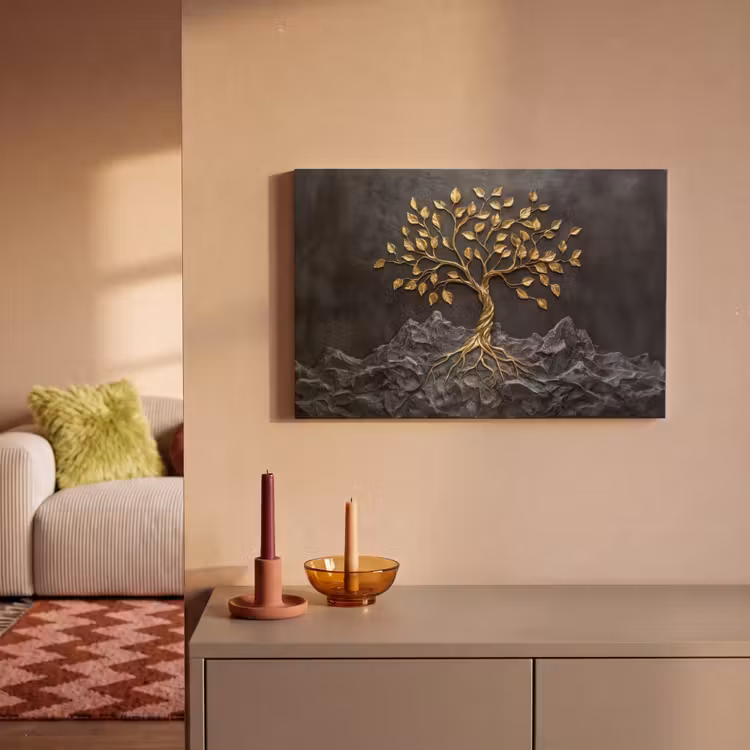 Canvas schilderij - Bladeren - Goud - Boom - Rots — 2