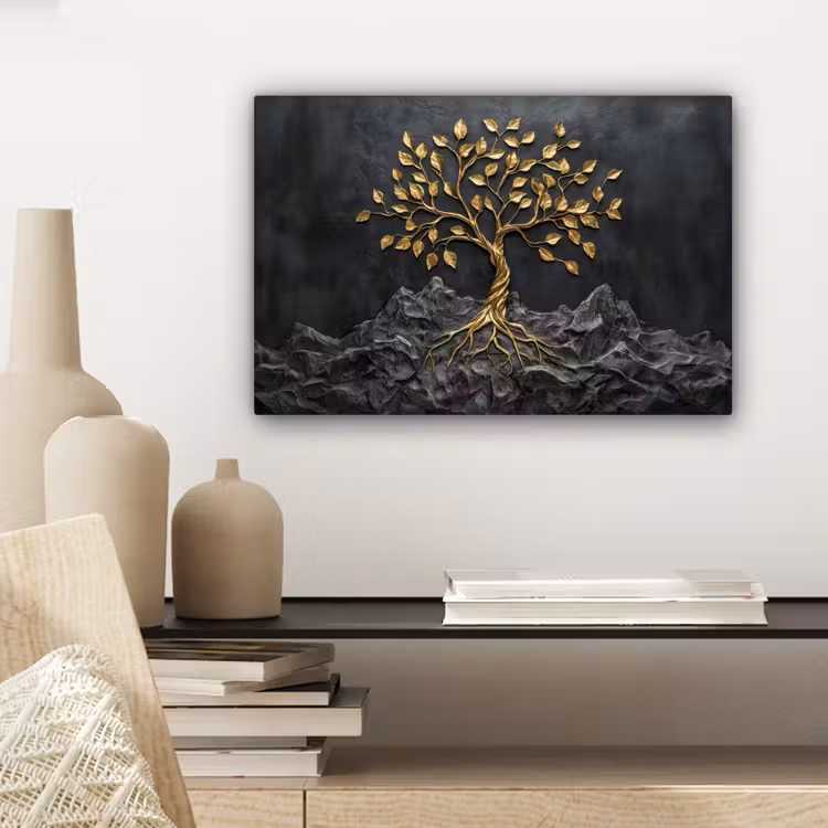 Canvas schilderij - Bladeren - Goud - Boom - Rots — 5
