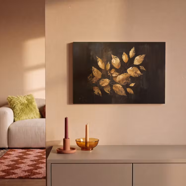 Canvas schilderij - Gouden Bladeren op Donkere Achtergrond — 2
