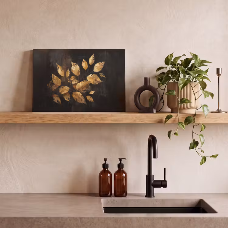 Canvas schilderij - Gouden Bladeren op Donkere Achtergrond — 3