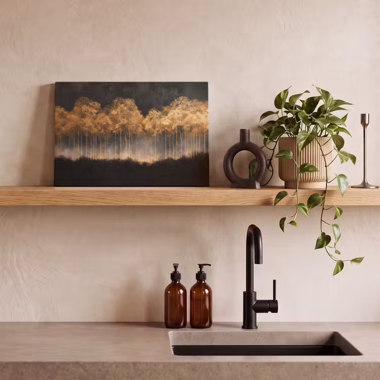 Canvas schilderij - Gouden Bomen in Mistig Landschap — 3