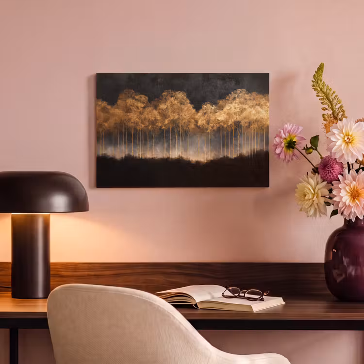 Canvas schilderij - Gouden Bomen in Mistig Landschap — 4