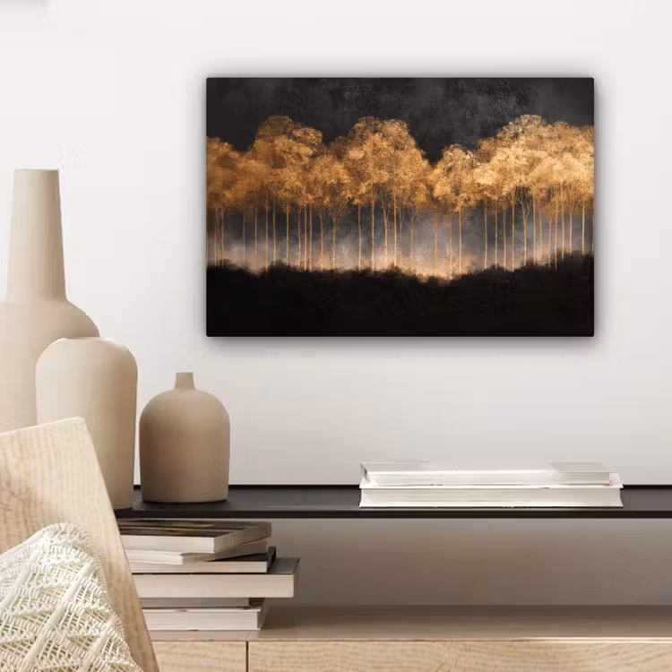 Canvas schilderij - Gouden Bomen in Mistig Landschap — 5